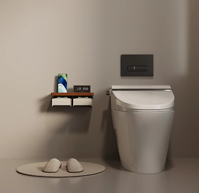 Modern Minimalist Toilet in Bathroom with Wall Mounted Shelf Toiletries Black Control Panel and Slippers 3d model