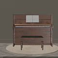 Elegant Dark Brown Musical Instruments Upright Piano With Stool Music Sheet And Herringbone Floor Rug
