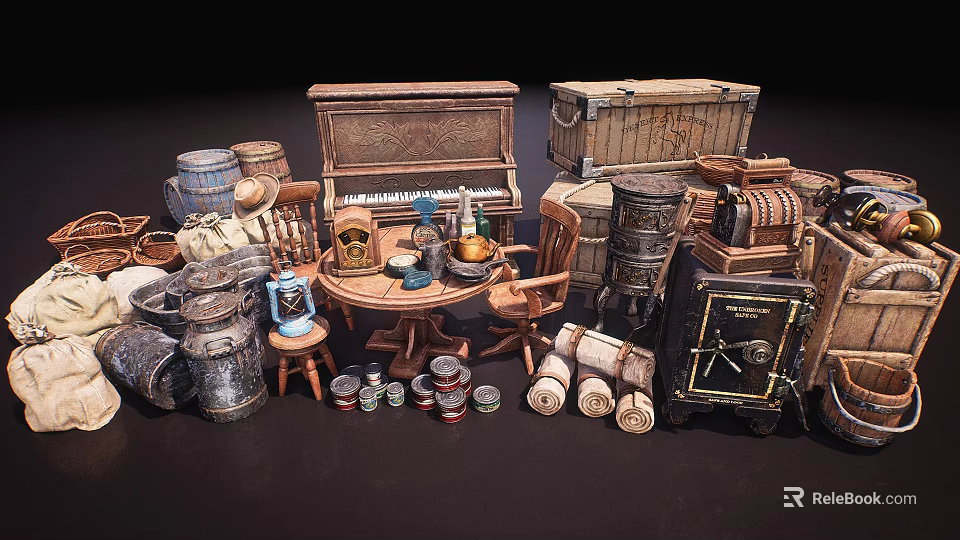 Vintage Household Items Display Including Wooden Barrels Crates Piano Chairs And Clock 3d model 