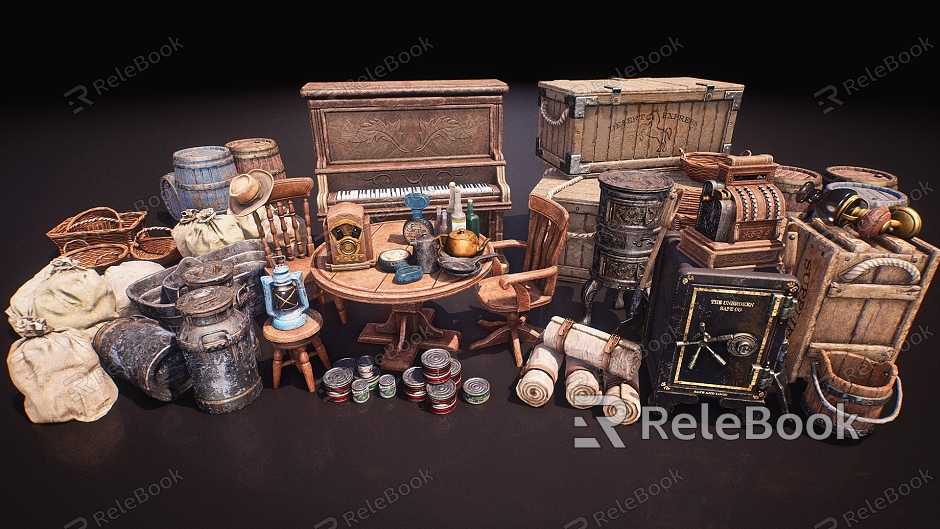 Modern Western World Props Ornaments American Old Objects Ornaments Piano Table Wine Barrel American Western Ornaments Furniture Safe Scroll Furniture model