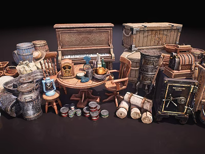 Vintage Household Items Display Including Wooden Barrels Crates Piano Chairs And Clock 3d model
