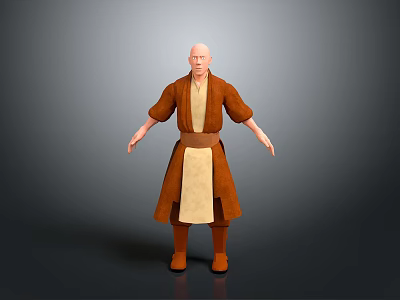 Man in Brown Robe with Beige Inner Garment Bald Head Standing Pose Gray Background 3d model