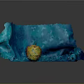 Vibrant Yellow and Red Apple on Blue Crinkled Fabric with Dark Reflective Background