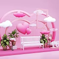 Romantic Valentine's Day Decor Featuring Pink Heart Clouds White Bench LOVE Letters And Green Plants