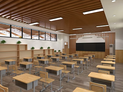 School Classroom Interior With Wooden Ceiling Desks Chairs Blackboard Windows And Green Plants 3d model