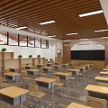 School Classroom Interior With Wooden Ceiling Desks Chairs Blackboard Windows And Green Plants