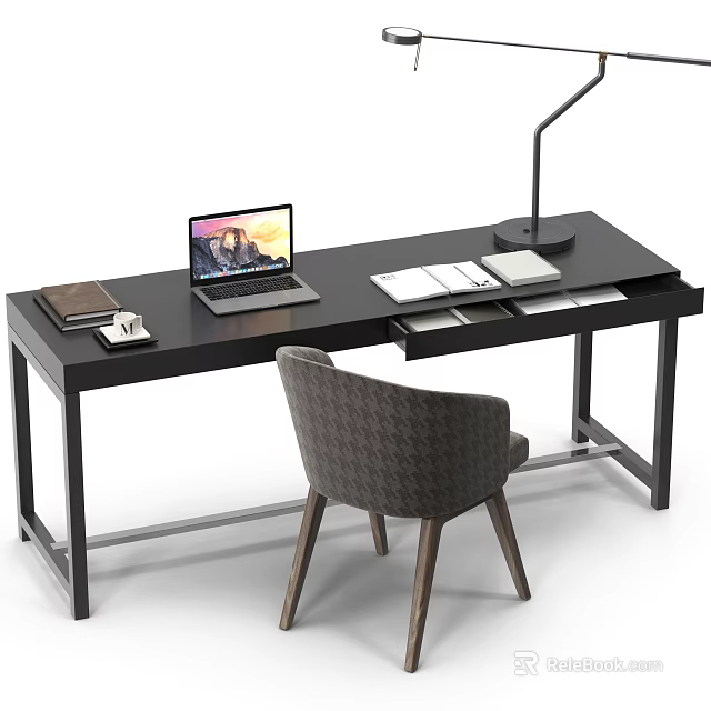 Modern Black Home Office Desk With Laptop Desk Lamp Books Notebook And Gray Chair 3d model 