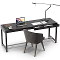 Modern Black Home Office Desk With Laptop Desk Lamp Books Notebook And Gray Chair
