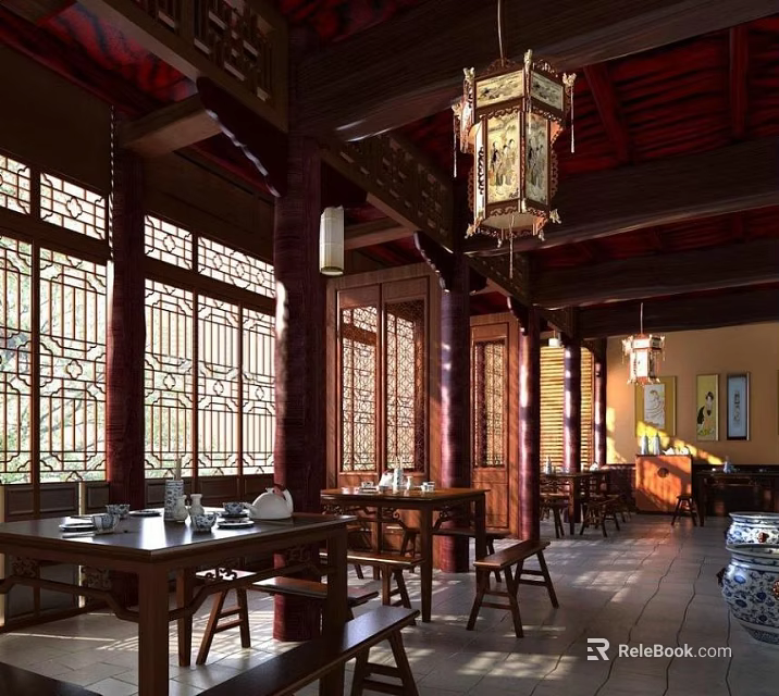 Traditional Chinese Teahouse Interior With Wooden Windows Hanging Lanterns And Decorative Paintings 3d model 