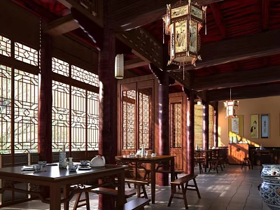 Traditional Chinese Teahouse Interior With Wooden Windows Hanging Lanterns And Decorative Paintings 3d model
