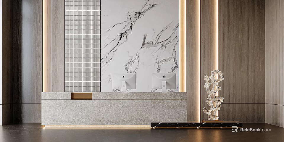 Modern Reception Desk Design With Marble Wall Lighting And Decorative Sculpture 3d model 