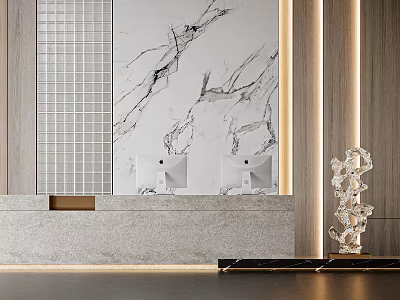 Modern Reception Desk Design With Marble Wall Lighting And Decorative Sculpture 3d model