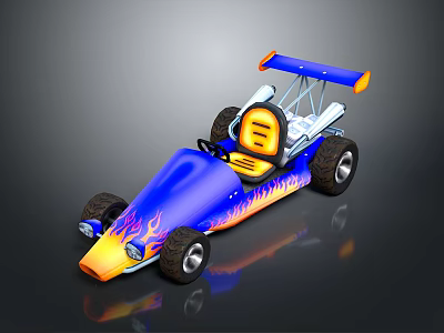 Blue Race Car With Orange Flame Graphics Yellow Seat And Rear Wing 3d model