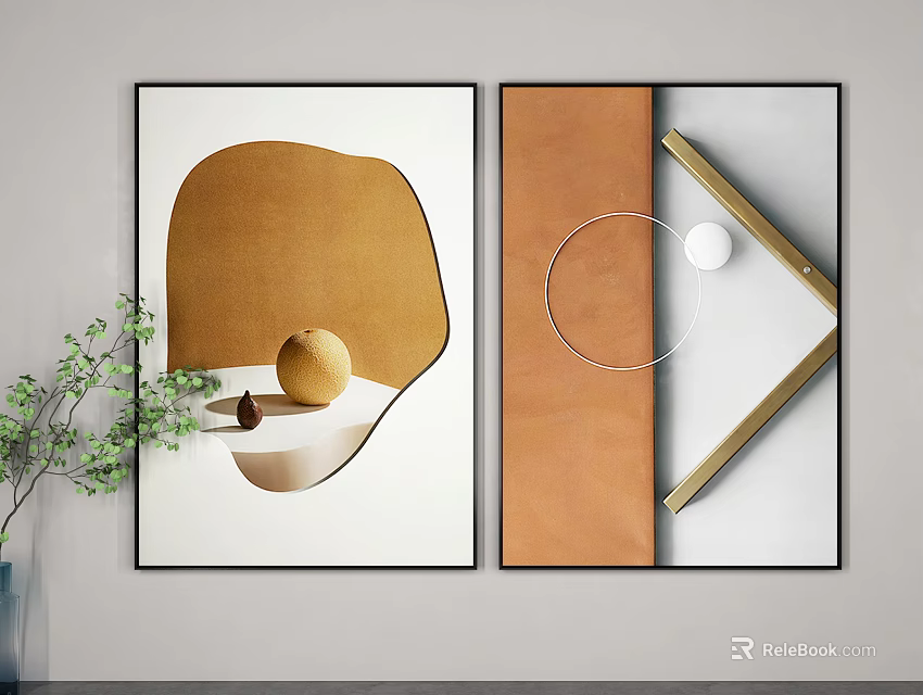 Modern Framed Abstract Wall Art With Brown White And Gold Geometric Elements 3d model