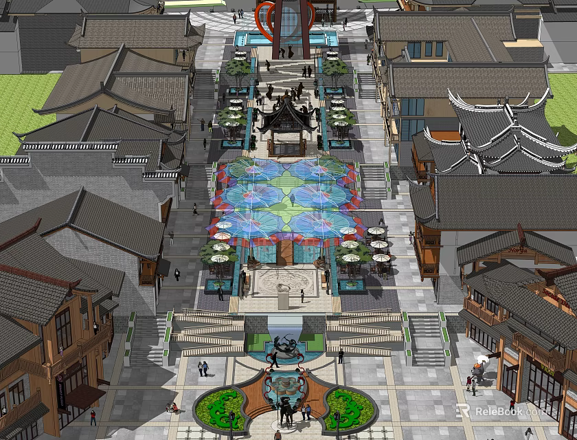 Traditional Commercial Street With Classical Architecture Central Plaza Colorful Fountain And Pedestrian Walkways 3d model 