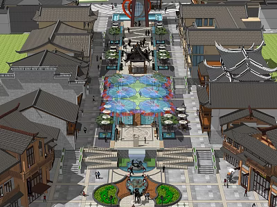Traditional Commercial Street With Classical Architecture Central Plaza Colorful Fountain And Pedestrian Walkways 3d model