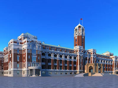 Classical Red Brick Office Building With White Accent Clock Tower And National Flag 3d model