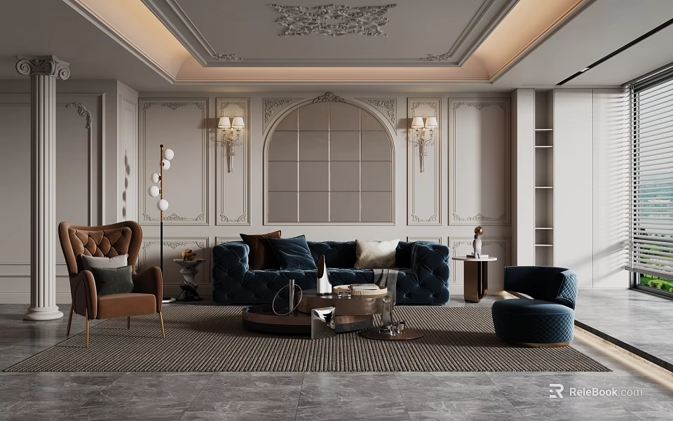 Elegant Luxury French Style Living Room With Upscale Velvet Sofa And Exquisite Plaster Wall Decoration 3d model 