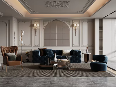 Elegant Luxury French Style Living Room With Upscale Velvet Sofa And Exquisite Plaster Wall Decoration 3d model