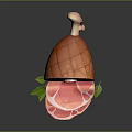 Fresh Ham Leg with Sliced Portions and Green Leaves on Dark Surface