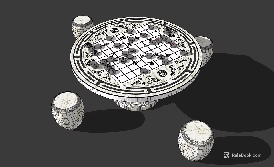 Decorative Round Entertainment Table With Chessboard Game Pieces And Four Marble Stools 3d model 