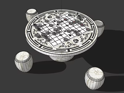 Decorative Round Entertainment Table With Chessboard Game Pieces And Four Marble Stools 3d model
