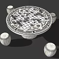 Decorative Round Entertainment Table With Chessboard Game Pieces And Four Marble Stools