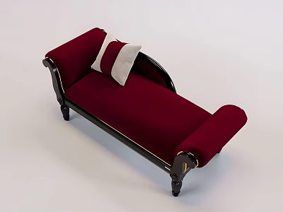 Comfortable Maroon Upholstered Sofa Bench With Wooden Frame And Striped Pillows 3d model