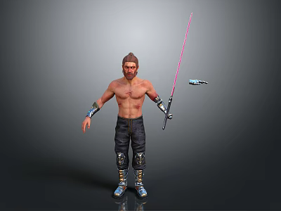 Shirtless Male Character With Pink Lightsaber Arm Guards Black Pants And Blue Boots 3d model
