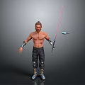 Shirtless Male Character With Pink Lightsaber Arm Guards Black Pants And Blue Boots