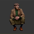Man with Red Beard in Brown Coat and Green Sweater Squatting with Pipe on Gray Background
