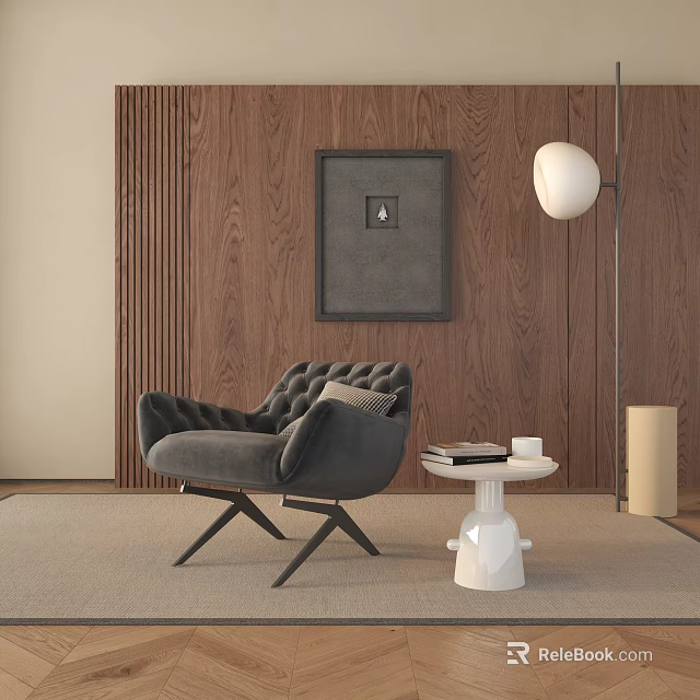 Modern Gray Lounge Chair With Velvet Upholstery Wooden Wall Panel Side Table And Floor Lamp 3d model 