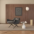 Modern Gray Lounge Chair With Velvet Upholstery Wooden Wall Panel Side Table And Floor Lamp