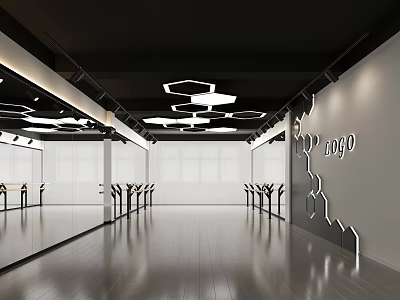 Modern Fitness Studio Space With Mirrored Walls Training Equipment And Bright Ceiling Lights 3d model