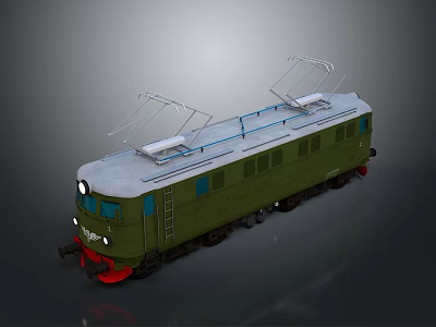 Vintage Green Locomotive With White Roof Dual Pantographs Windows And Red Base 3d model