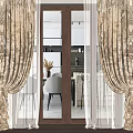 Elegant Gold And White Double Layer Curtains With Sheer Panel Beside Glass Door Dining Area