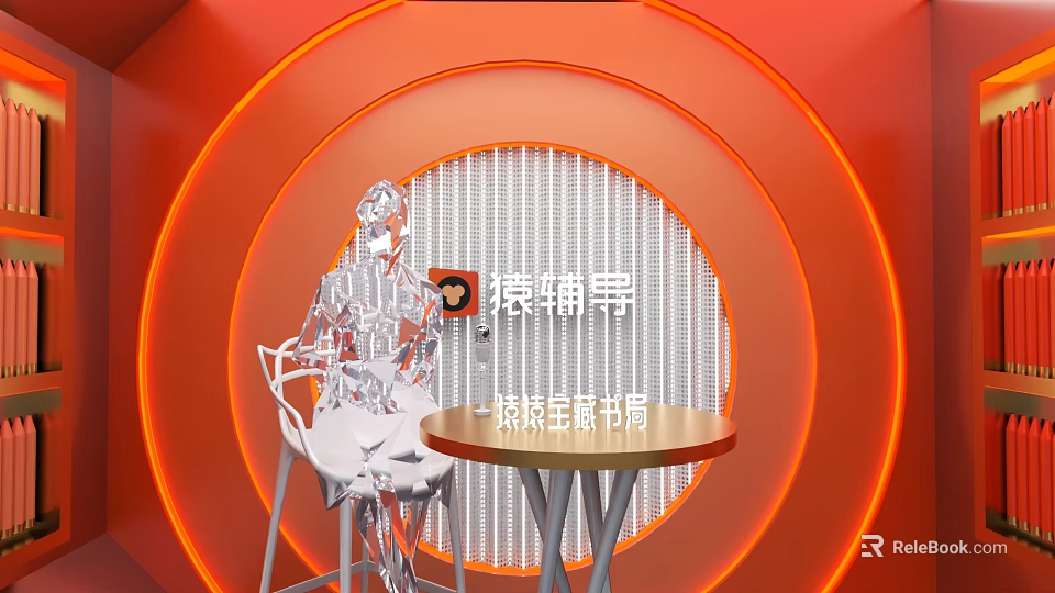 Modern Scene With Orange Circular Background Silver Figure Round Table And Chair 3d model 