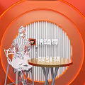 Modern Scene With Orange Circular Background Silver Figure Round Table And Chair
