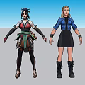 Game and Movie Characters With Traditional Style Outfit And Blue Jacket Black Skirt