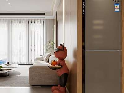 Modern Living Dining Room Interior With Sofa Coffee Table Window Robot Tray And Refrigerator 3d model