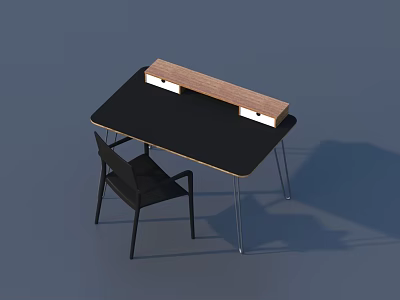 Modern Black Desk With Wooden Storage Shelf And Black Chair For Home Office 3d model
