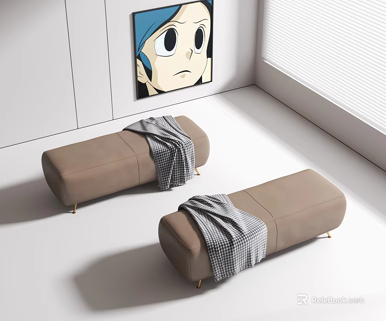 Brown Sofa Bench with Gray and White Checkered Blanket in Modern Bright Interior 3d model