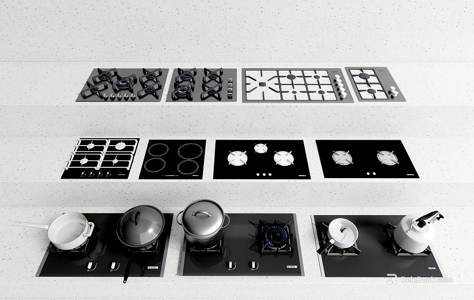 Modern Kitchen Appliances With Gas Hobs Induction Cooktops Control Knobs And Pots 3d model