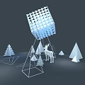 Tilted Grid Patterned Cube Art Installation With Geometric Shapes And Deer Figure 3d model