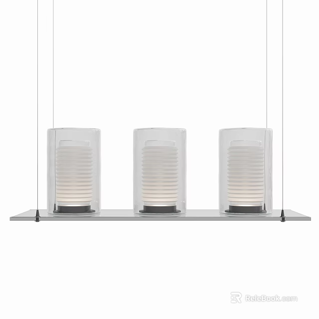 Modern Three Glass Pendant Chandelier with Metal Bar and White Light Source 3d model 