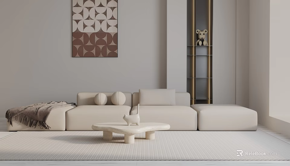 Minimalist Living Room Three Seater Sofa With Beige Upholstery Coffee Table And Wall Art 3d model 