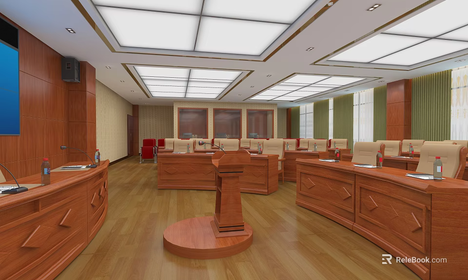 Courtroom Interior With Judge's Bench Jury Seats Wooden Furnishings And Ceiling Lights 3d model 