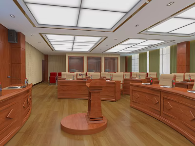 Courtroom Interior With Judge's Bench Jury Seats Wooden Furnishings And Ceiling Lights 3d model