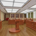 Courtroom Interior With Judge's Bench Jury Seats Wooden Furnishings And Ceiling Lights