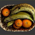 Fresh Bananas and Oranges in Woven Basket on Dark Background